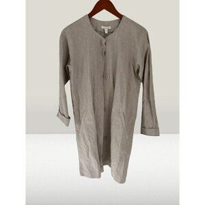 Eileen Fisher Linen Blend Chambray Long Jacket Button-up Cardigan Beige Crewneck